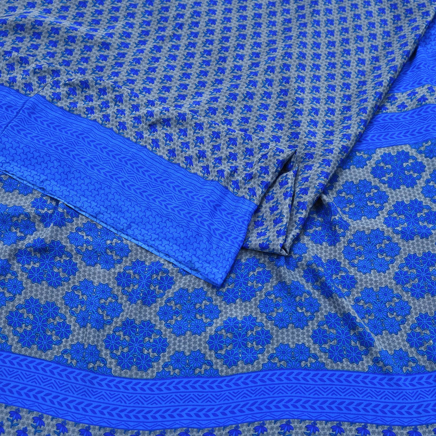 Indian Vintage Blue & Gray Artificial Silk Saree Printed Sari 5 Yards Soft Craft Fabric for Sewing, Dressmaking, Quilting,Upcycling