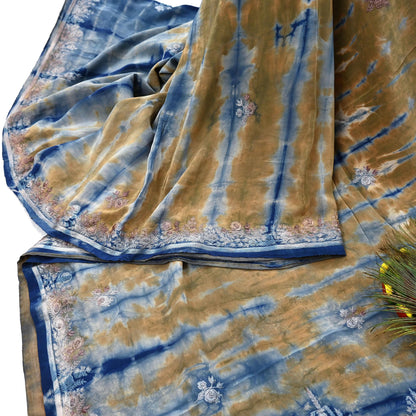 Indian Vintage Saree Pure Crepe Silk Hand Embroidered Tie-Dye Sari Fabric 5yard Sewing Craft Fabric Ethnic Dressmaking Crafting Zari