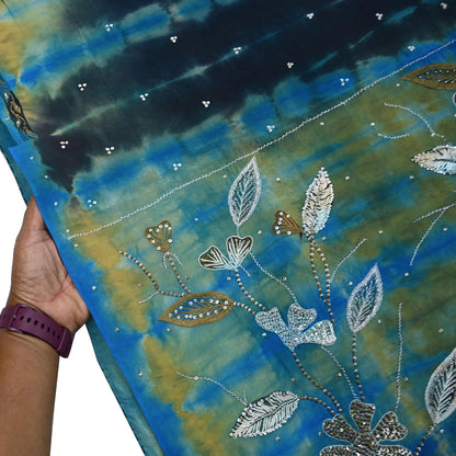 Indian Vintage Saree Pure Crepe Silk Hand Embroidered Tie-Dye Sari Fabric 5yard Sewing Craft Fabric Ethnic Dressmaking Crafting Zari