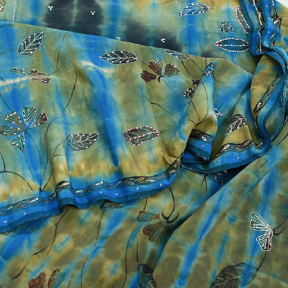 Indian Vintage Saree Pure Crepe Silk Hand Embroidered Tie-Dye Sari Fabric 5yard Sewing Craft Fabric Ethnic Dressmaking Crafting Zari