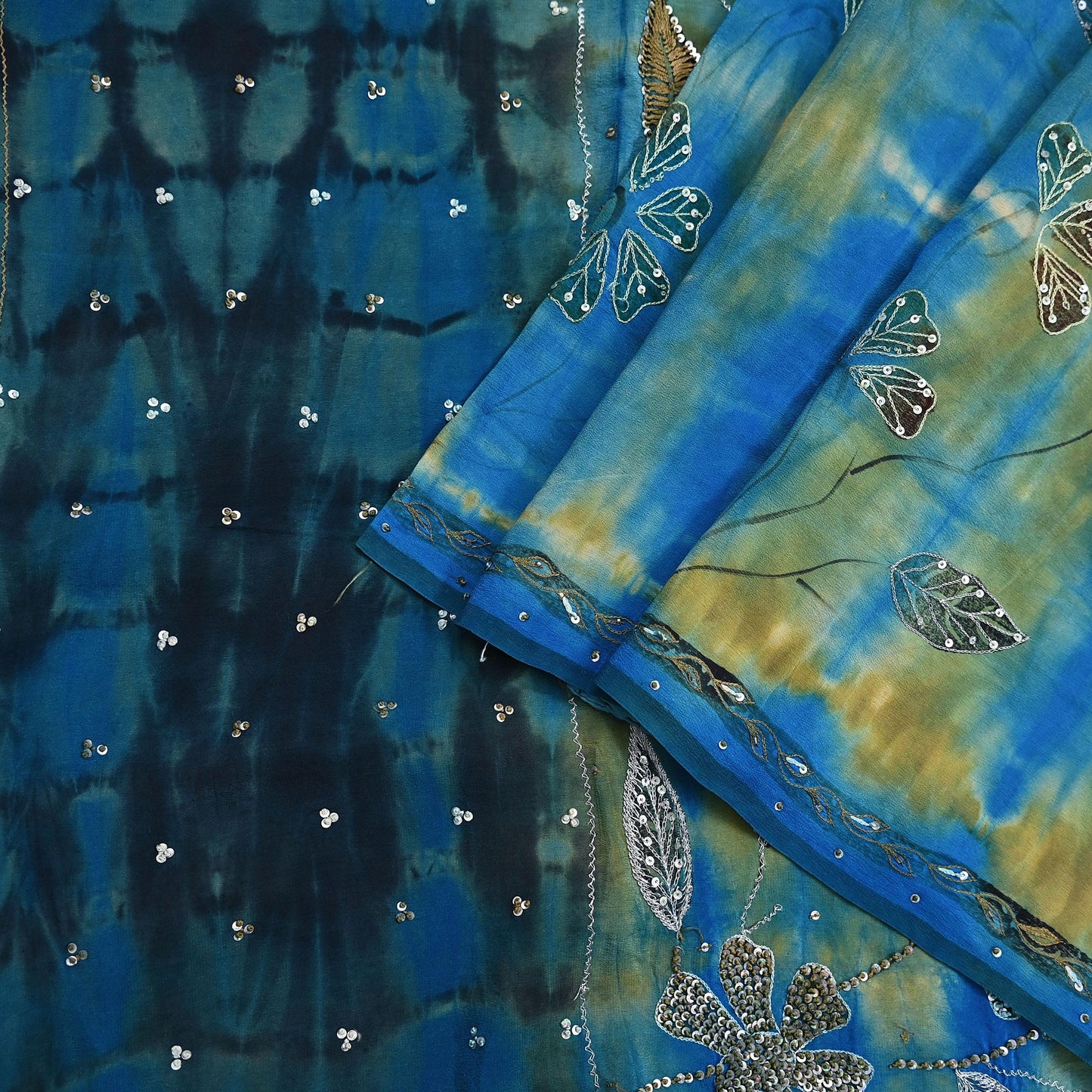 Indian Vintage Saree Pure Crepe Silk Hand Embroidered Tie-Dye Sari Fabric 5yard Sewing Craft Fabric Ethnic Dressmaking Crafting Zari