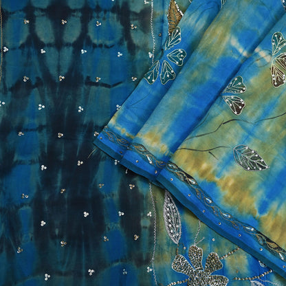 Indian Vintage Saree Pure Crepe Silk Hand Embroidered Tie-Dye Sari Fabric 5yard Sewing Craft Fabric Ethnic Dressmaking Crafting Zari