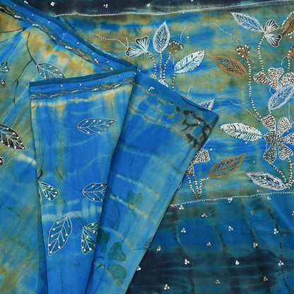 Indian Vintage Saree Pure Crepe Silk Hand Embroidered Tie-Dye Sari Fabric 5yard Sewing Craft Fabric Ethnic Dressmaking Crafting Zari