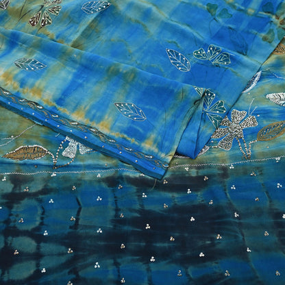 Indian Vintage Saree Pure Crepe Silk Hand Embroidered Tie-Dye Sari Fabric 5yard Sewing Craft Fabric Ethnic Dressmaking Crafting Zari