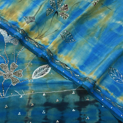 Indian Vintage Saree Pure Crepe Silk Hand Embroidered Tie-Dye Sari Fabric 5yard Sewing Craft Fabric Ethnic Dressmaking Crafting Zari