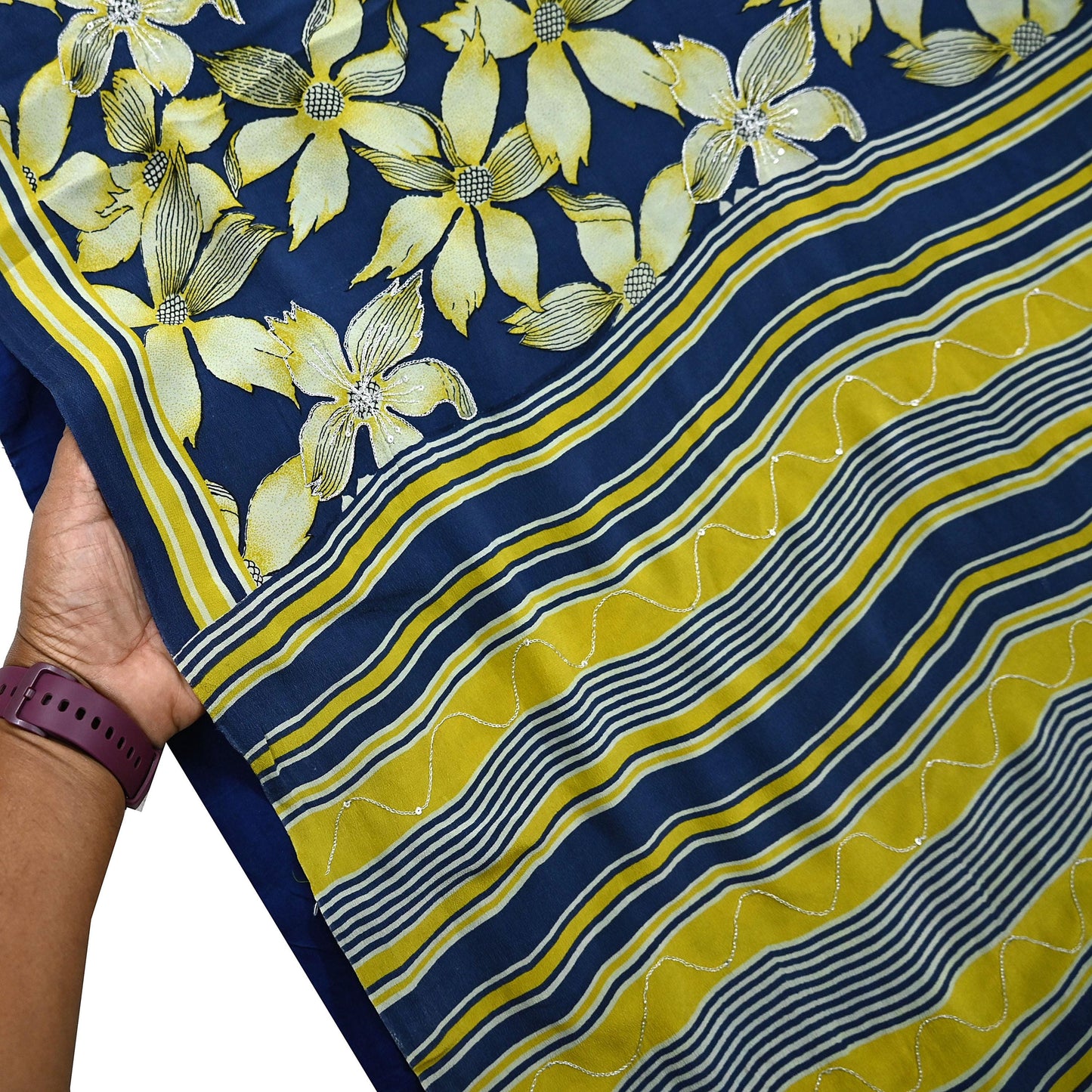 Indian Vintage Sari Blue & Green Pure Crepe Silk Hand Embroidered Saree 5yd Sewing Floral Craft Sequins Dress making Crafting Quilting