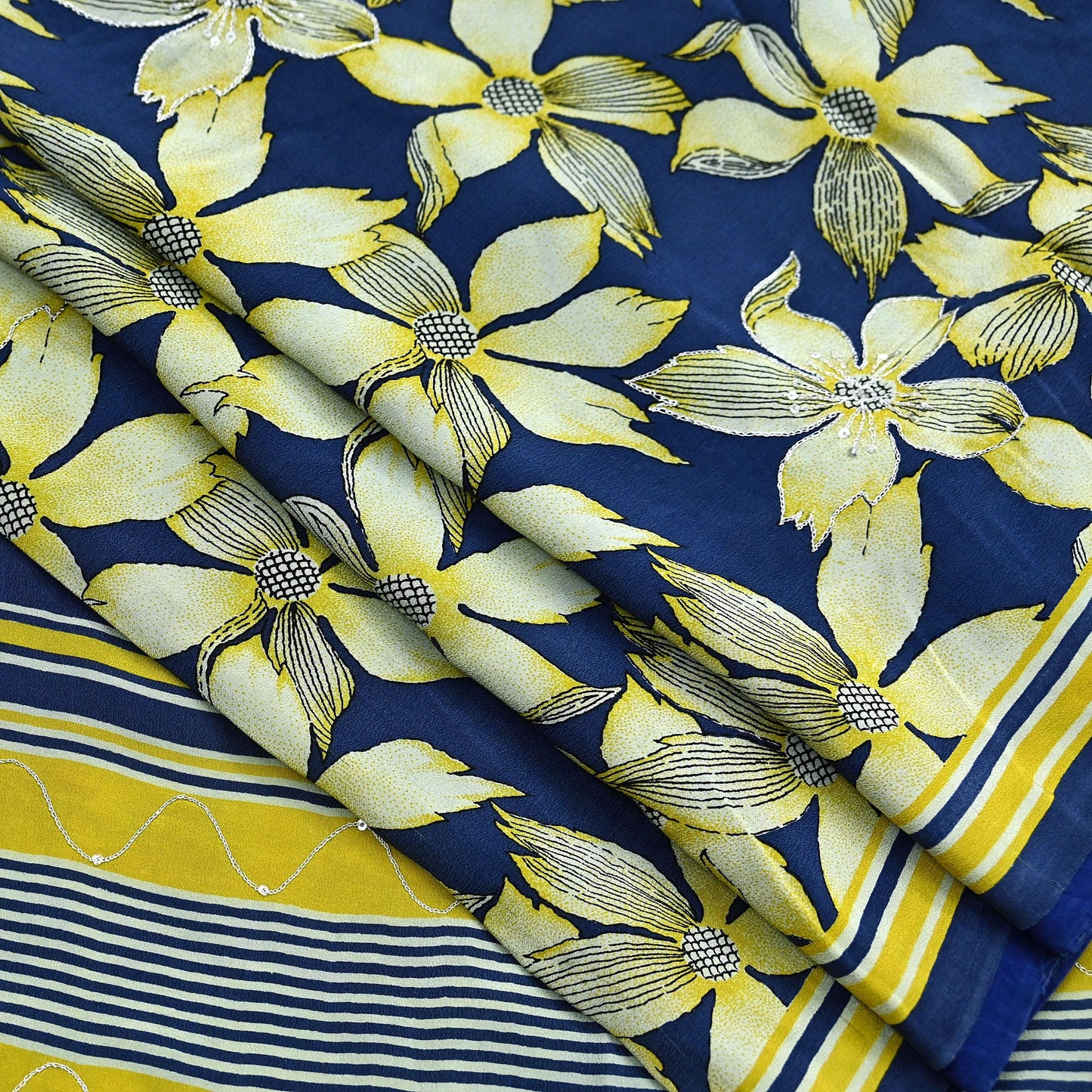 Indian Vintage Sari Blue & Green Pure Crepe Silk Hand Embroidered Saree 5yd Sewing Floral Craft Sequins Dress making Crafting Quilting