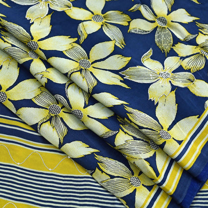 Indian Vintage Sari Blue & Green Pure Crepe Silk Hand Embroidered Saree 5yd Sewing Floral Craft Sequins Dress making Crafting Quilting