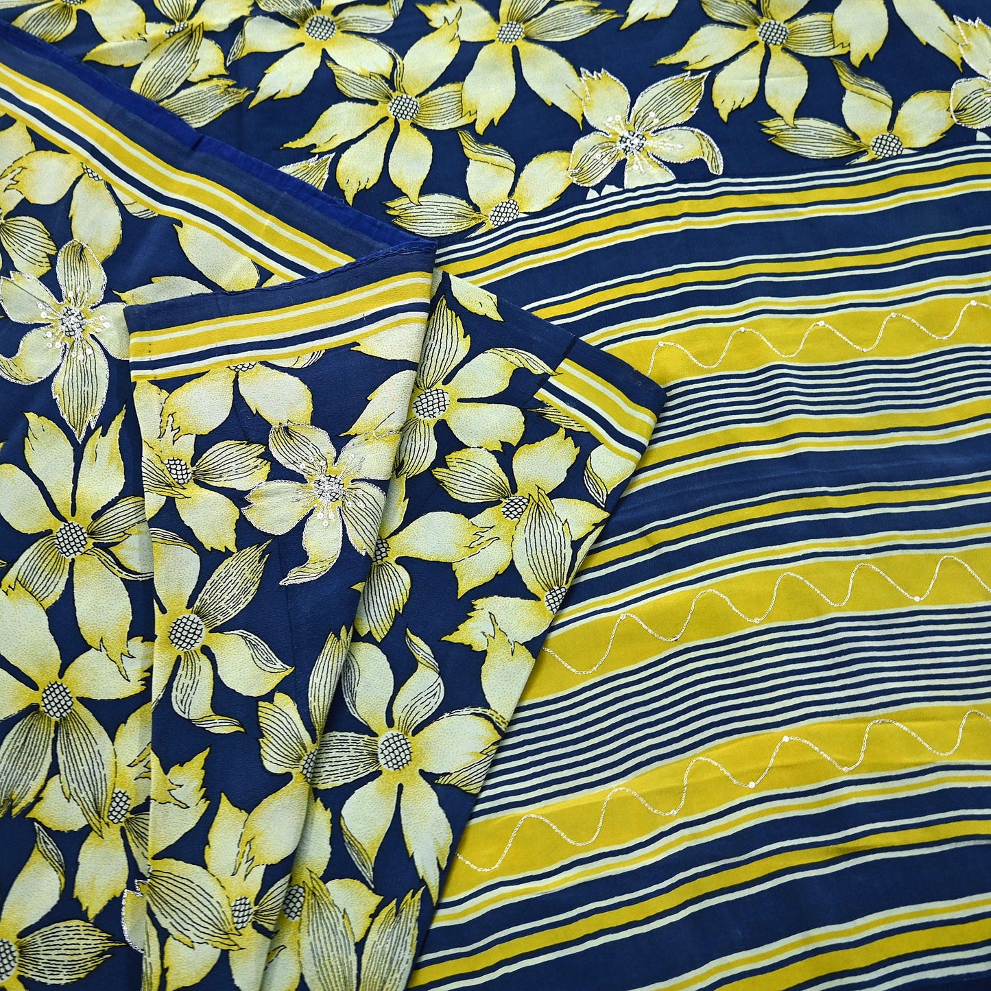 Indian Vintage Sari Blue & Green Pure Crepe Silk Hand Embroidered Saree 5yd Sewing Floral Craft Sequins Dress making Crafting Quilting