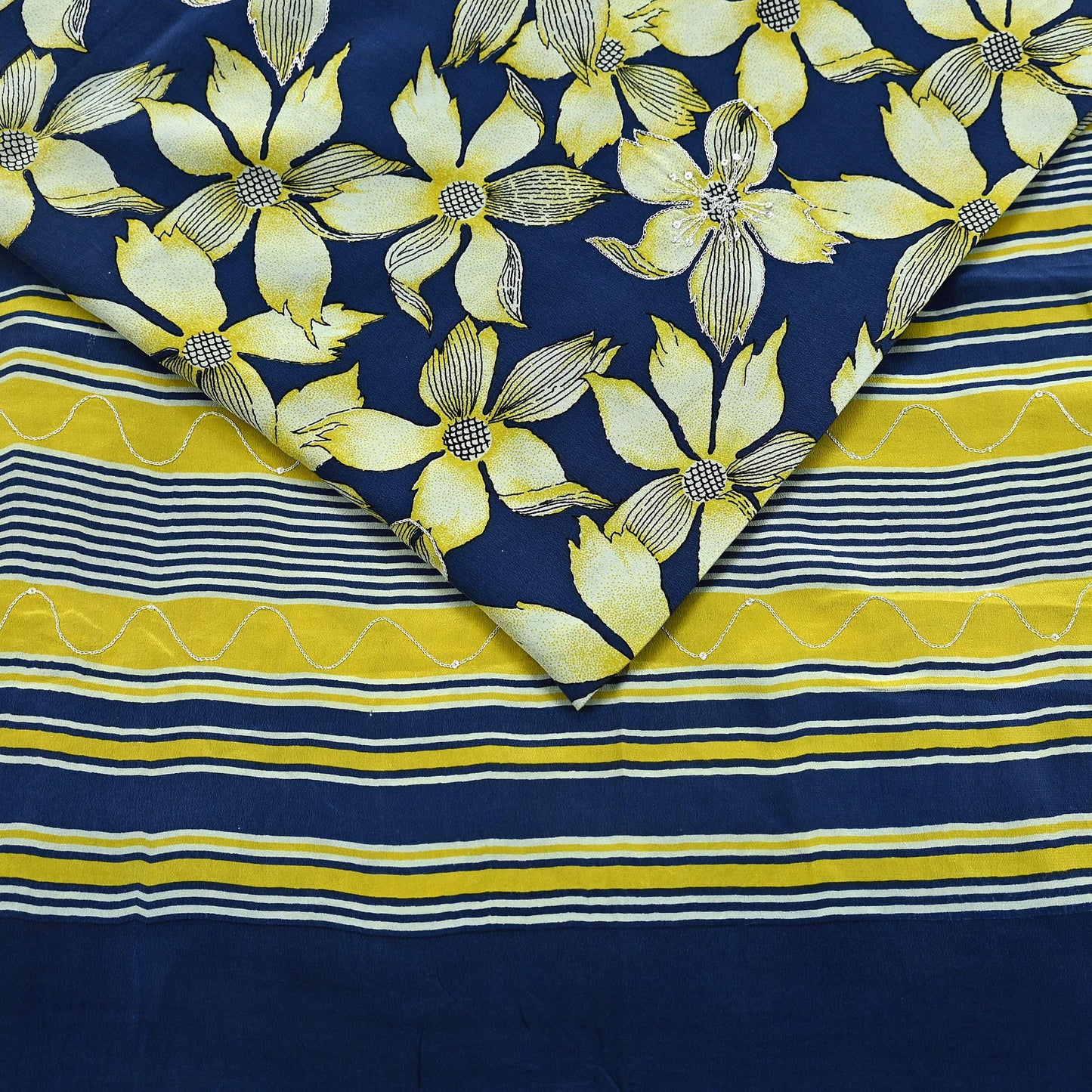 Indian Vintage Sari Blue & Green Pure Crepe Silk Hand Embroidered Saree 5yd Sewing Floral Craft Sequins Dress making Crafting Quilting