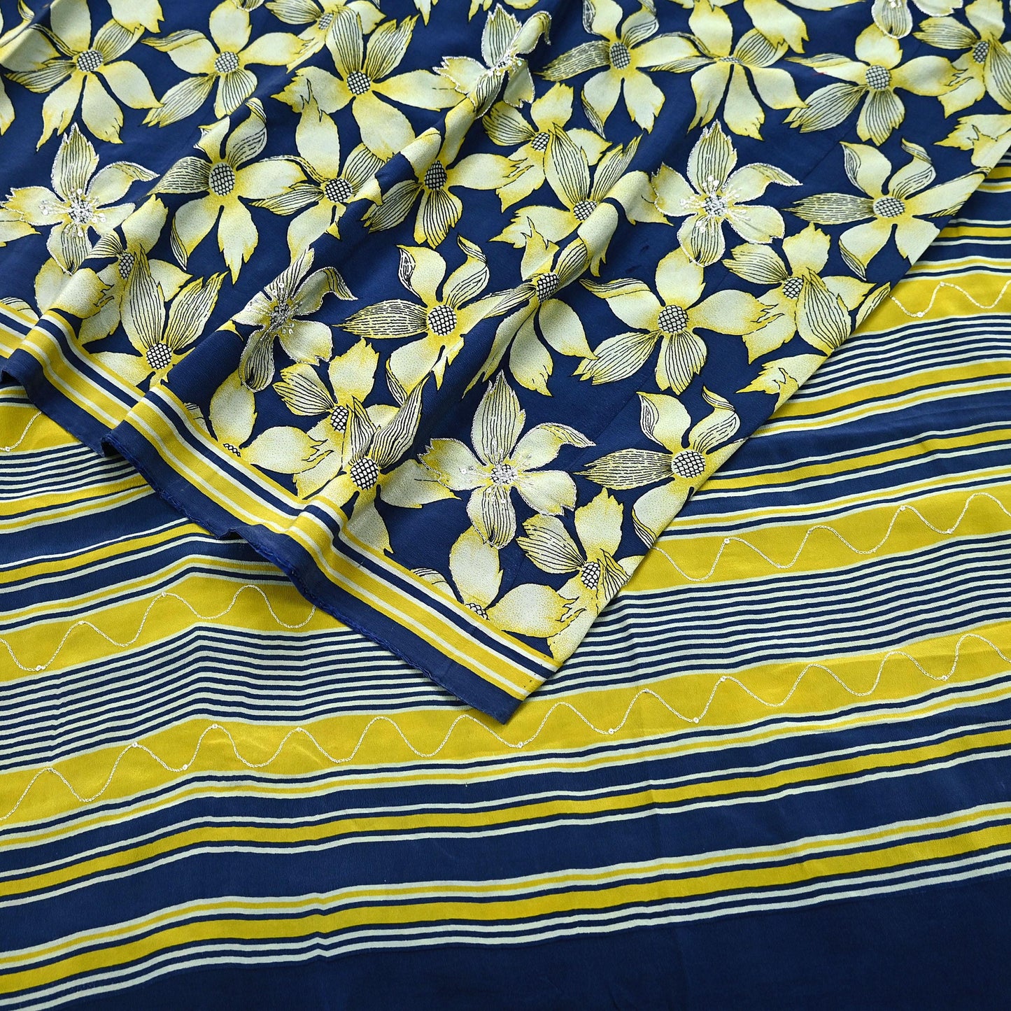 Indian Vintage Sari Blue & Green Pure Crepe Silk Hand Embroidered Saree 5yd Sewing Floral Craft Sequins Dress making Crafting Quilting