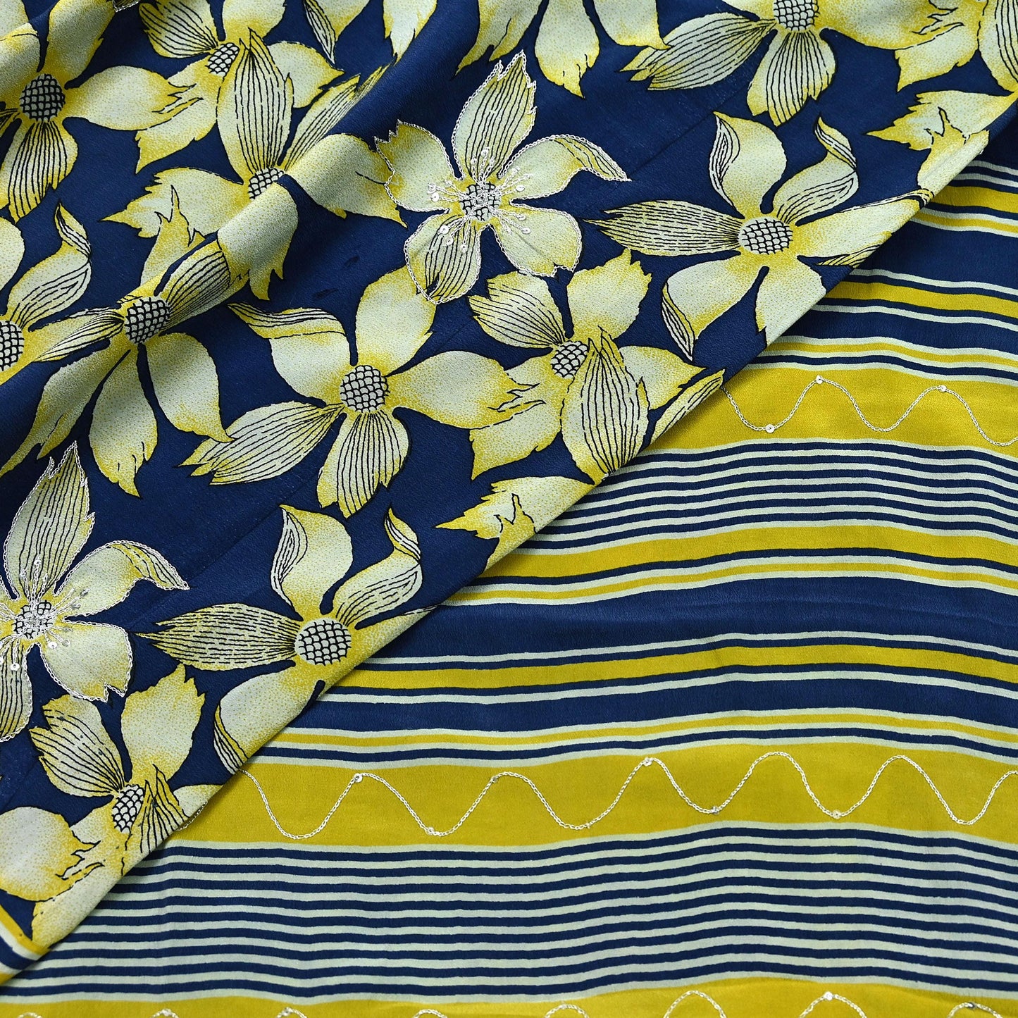 Indian Vintage Sari Blue & Green Pure Crepe Silk Hand Embroidered Saree 5yd Sewing Floral Craft Sequins Dress making Crafting Quilting