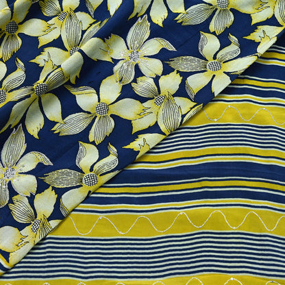 Indian Vintage Sari Blue & Green Pure Crepe Silk Hand Embroidered Saree 5yd Sewing Floral Craft Sequins Dress making Crafting Quilting