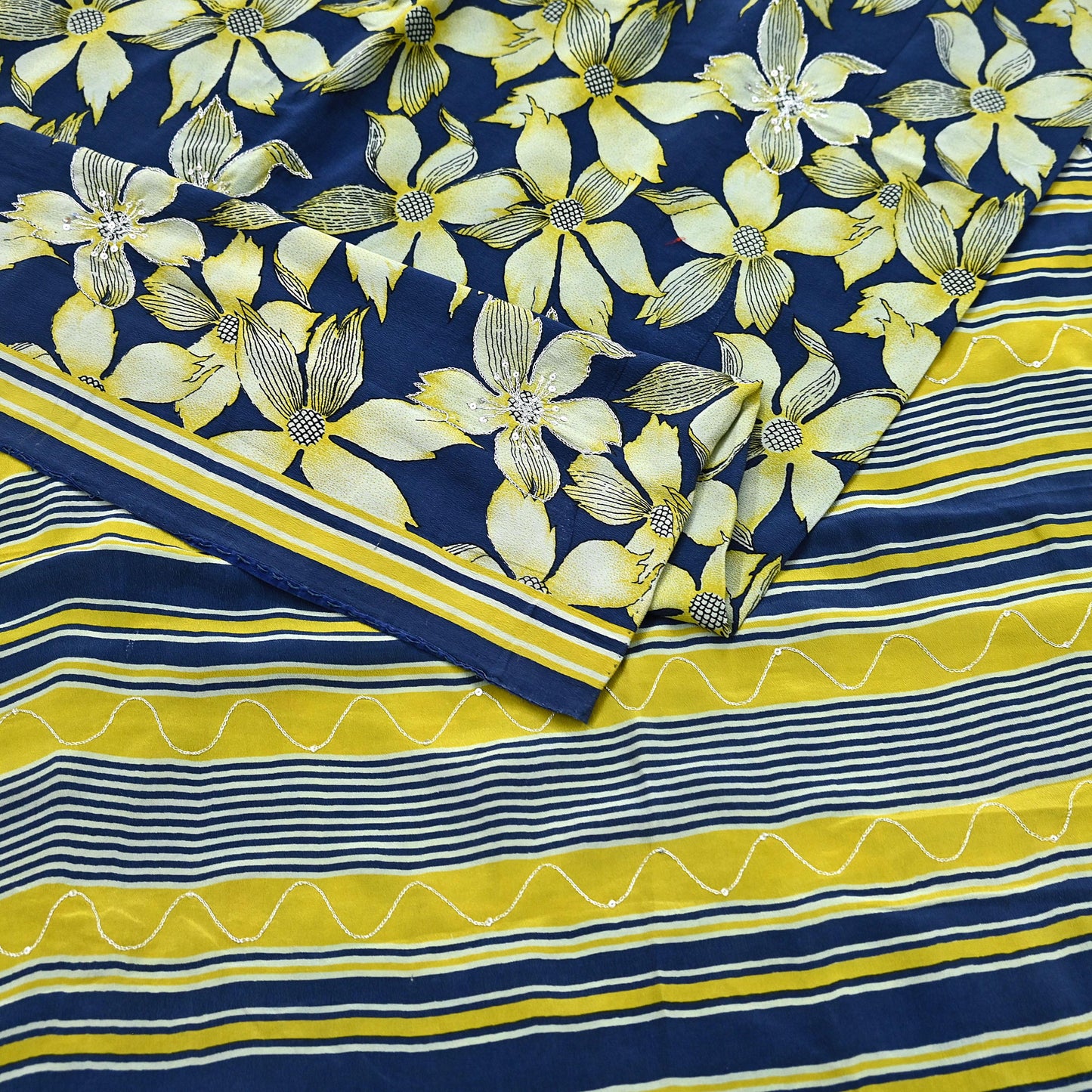 Indian Vintage Sari Blue & Green Pure Crepe Silk Hand Embroidered Saree 5yd Sewing Floral Craft Sequins Dress making Crafting Quilting