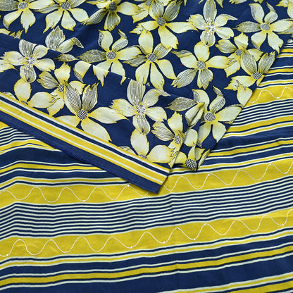 Indian Vintage Sari Blue & Green Pure Crepe Silk Hand Embroidered Saree 5yd Sewing Floral Craft Sequins Dress making Crafting Quilting