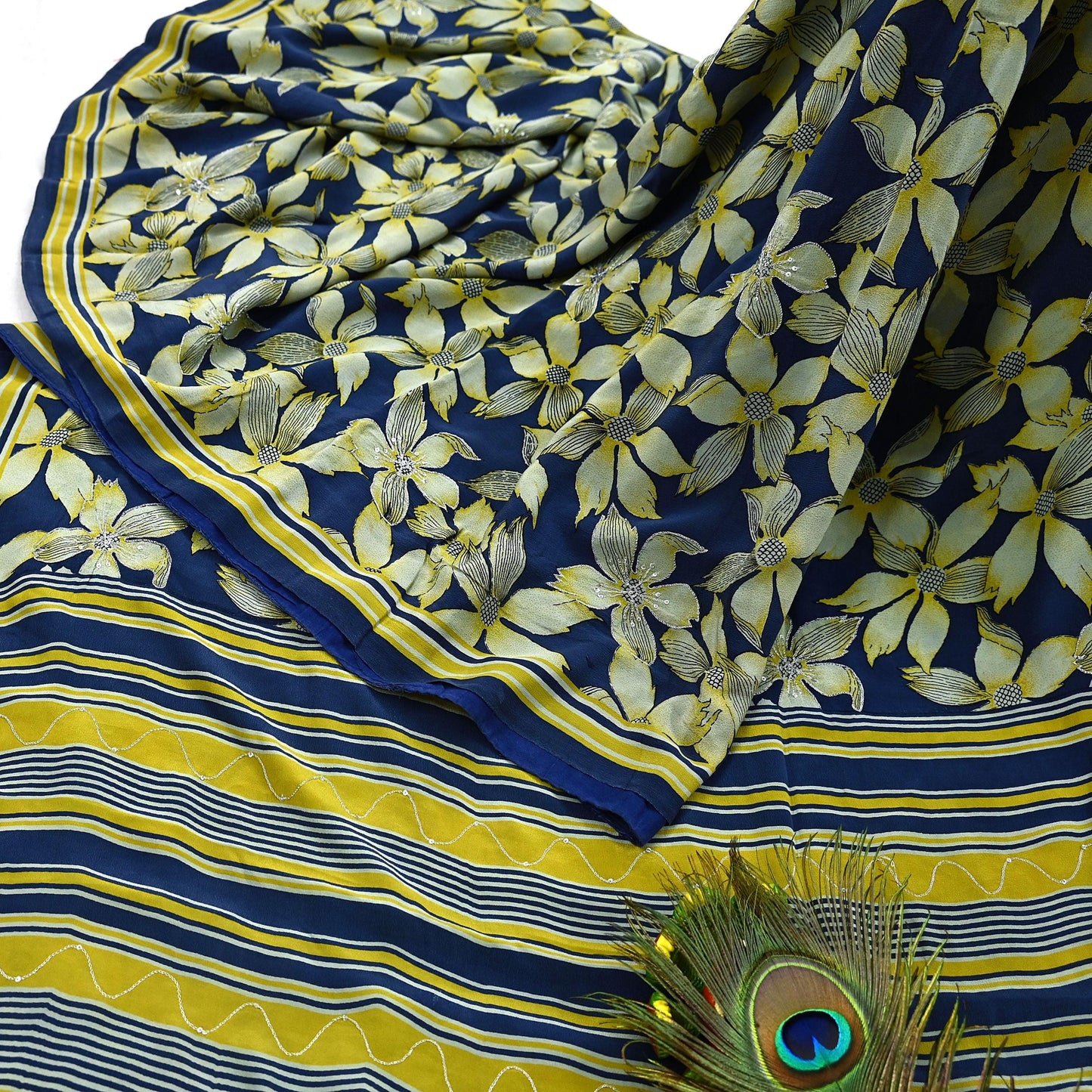 Indian Vintage Sari Blue & Green Pure Crepe Silk Hand Embroidered Saree 5yd Sewing Floral Craft Sequins Dress making Crafting Quilting