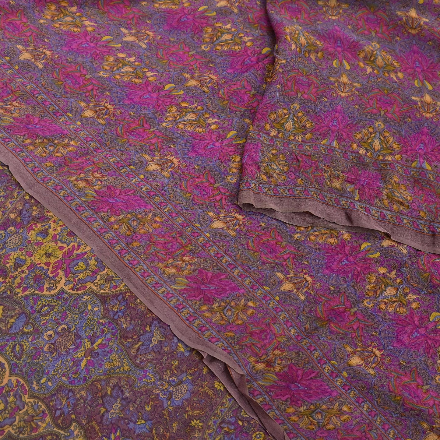 Indian Women Vintage Sari Brown  100% Pure Georgette Silk Printed Saree Sewing 5yd Soft Craft Fabric Floral Design Wrap Boho Dress making