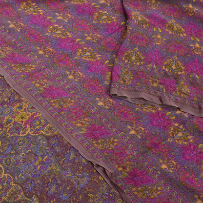 Indian Women Vintage Sari Brown  100% Pure Georgette Silk Printed Saree Sewing 5yd Soft Craft Fabric Floral Design Wrap Boho Dress making