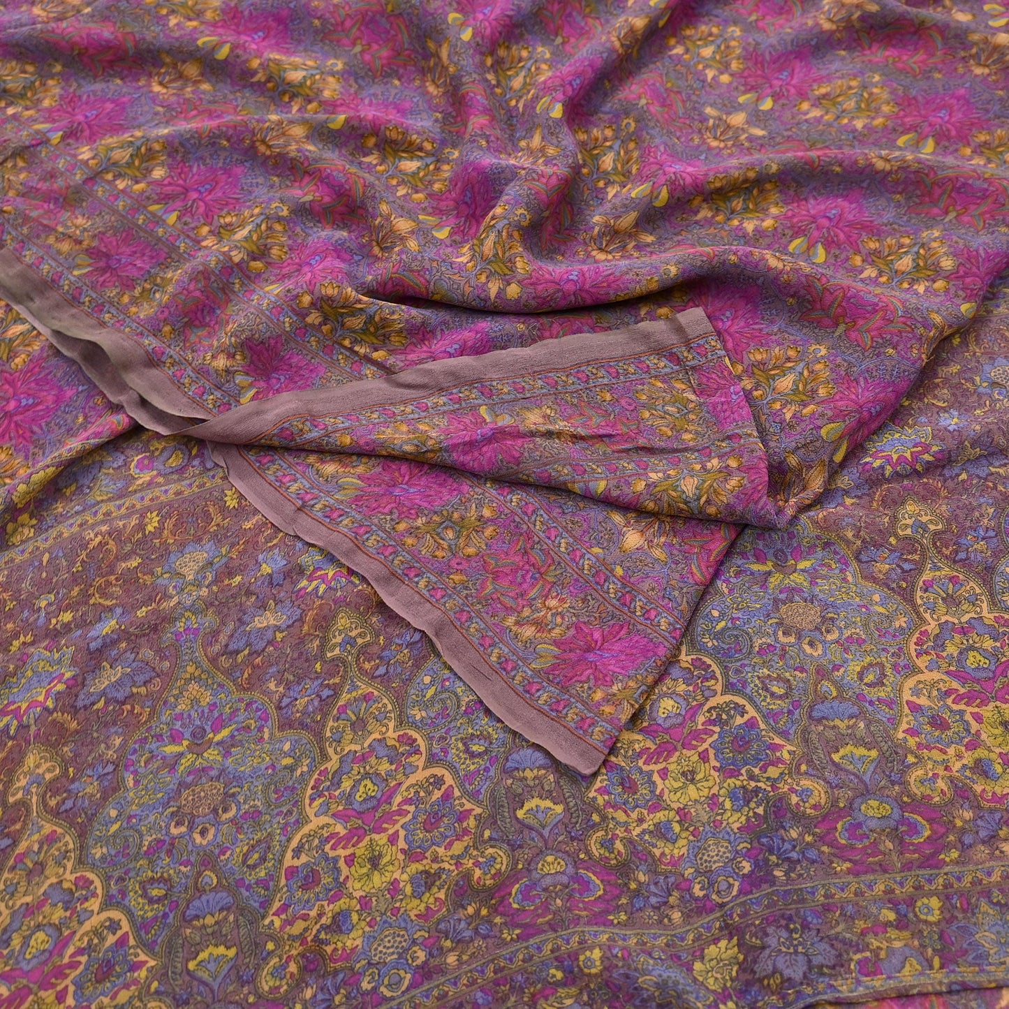 Indian Women Vintage Sari Brown  100% Pure Georgette Silk Printed Saree Sewing 5yd Soft Craft Fabric Floral Design Wrap Boho Dress making