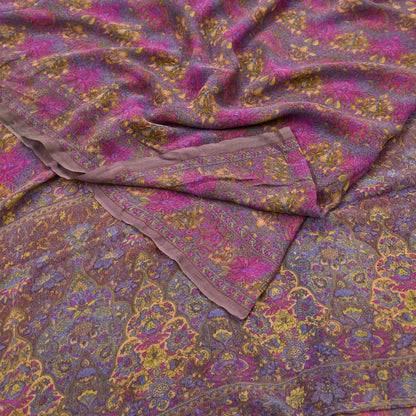 Indian Women Vintage Sari Brown  100% Pure Georgette Silk Printed Saree Sewing 5yd Soft Craft Fabric Floral Design Wrap Boho Dress making