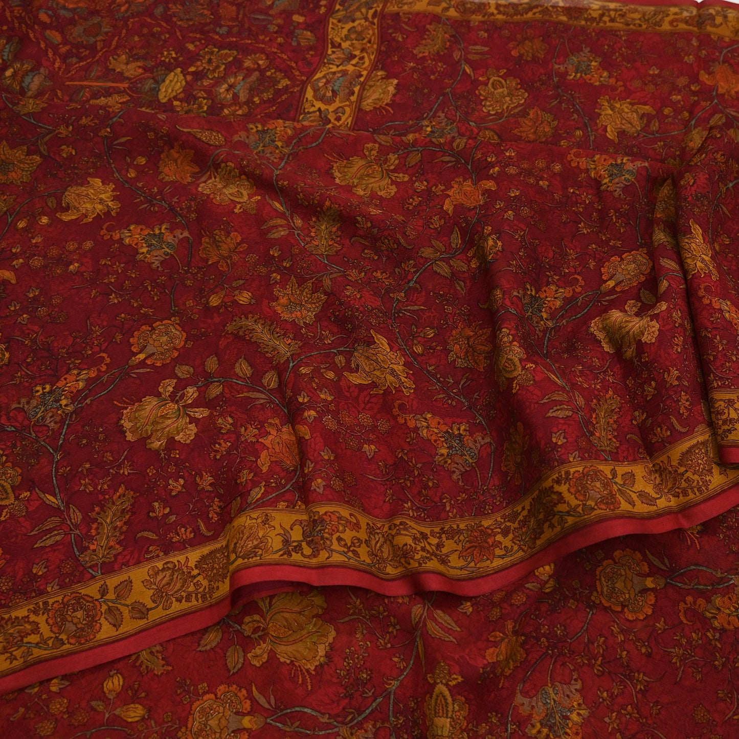 Women Vintage Sari Red Pure Chiffon Silk Printed Sarees Craft Fabric Sewing 5Yd Soft Dress Making Crafting Quilting Upcycle Used