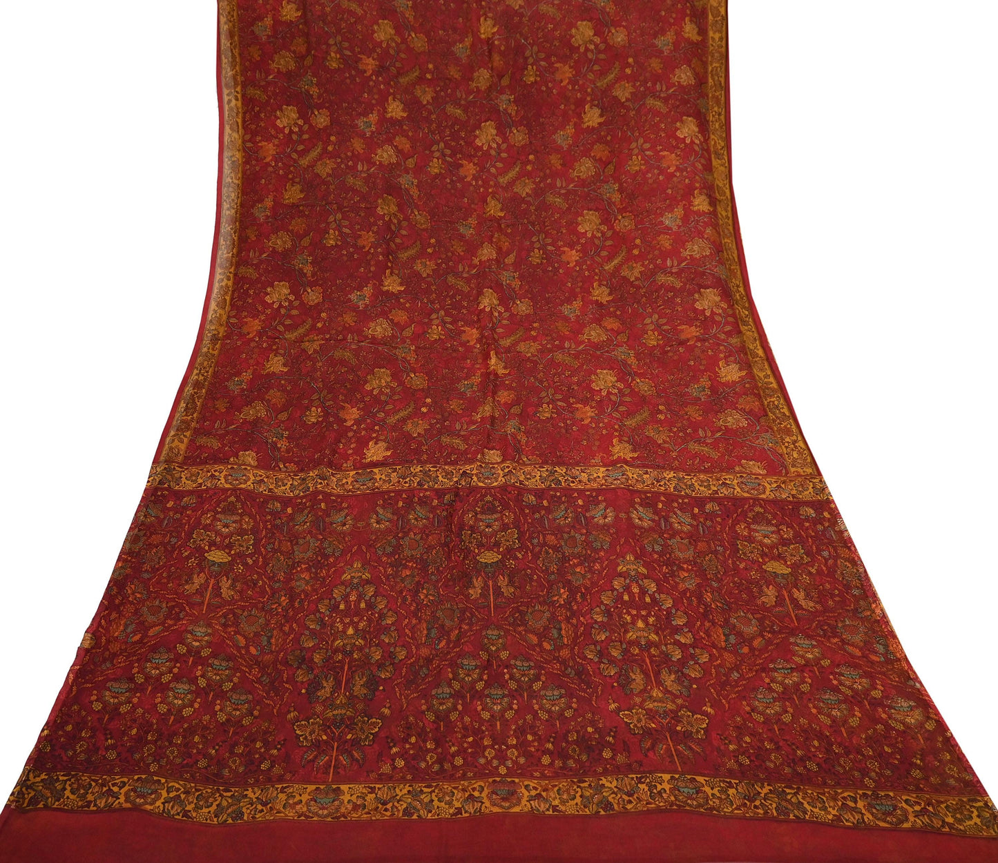 Women Vintage Sari Red Pure Chiffon Silk Printed Sarees Craft Fabric Sewing 5Yd Soft Dress Making Crafting Quilting Upcycle Used