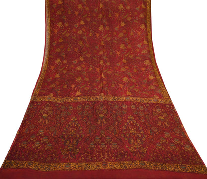 Women Vintage Sari Red Pure Chiffon Silk Printed Sarees Craft Fabric Sewing 5Yd Soft Dress Making Crafting Quilting Upcycle Used