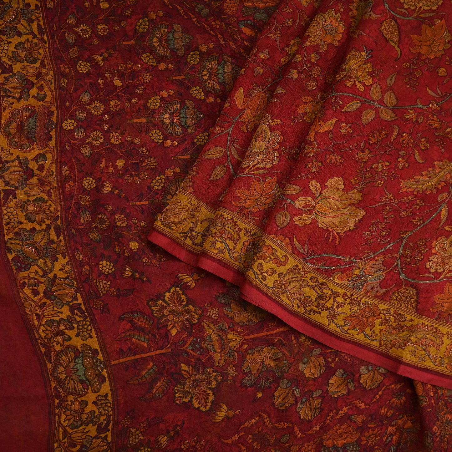 Women Vintage Sari Red Pure Chiffon Silk Printed Sarees Craft Fabric Sewing 5Yd Soft Dress Making Crafting Quilting Upcycle Used