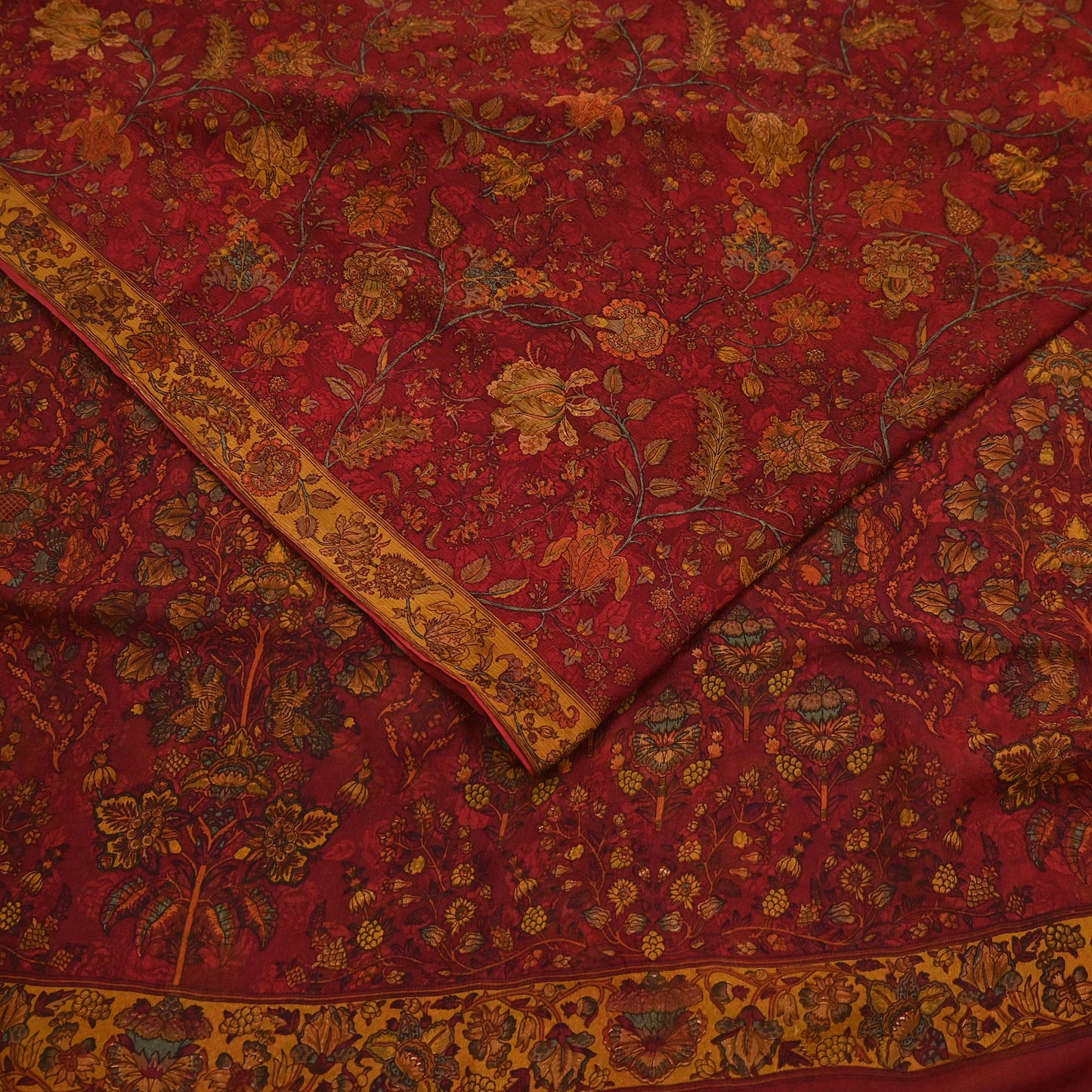 Women Vintage Sari Red Pure Chiffon Silk Printed Sarees Craft Fabric Sewing 5Yd Soft Dress Making Crafting Quilting Upcycle Used