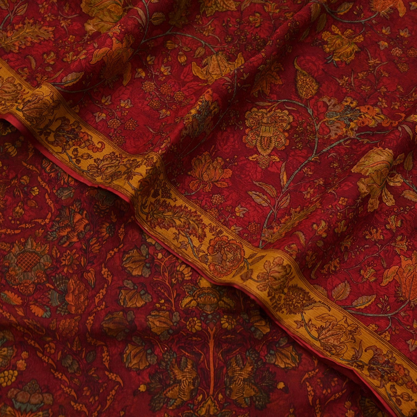 Women Vintage Sari Red Pure Chiffon Silk Printed Sarees Craft Fabric Sewing 5Yd Soft Dress Making Crafting Quilting Upcycle Used