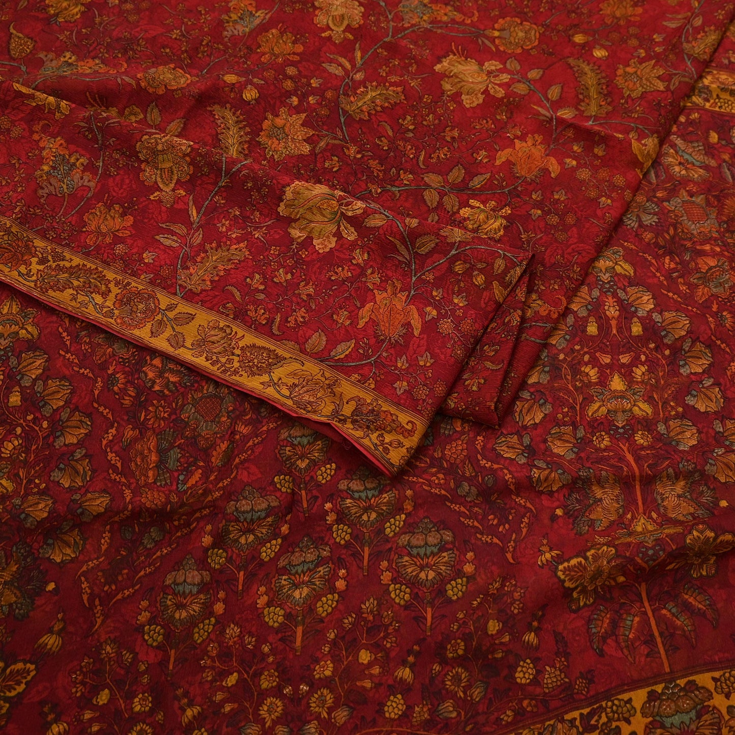 Women Vintage Sari Red Pure Chiffon Silk Printed Sarees Craft Fabric Sewing 5Yd Soft Dress Making Crafting Quilting Upcycle Used