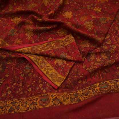 Women Vintage Sari Red Pure Chiffon Silk Printed Sarees Craft Fabric Sewing 5Yd Soft Dress Making Crafting Quilting Upcycle Used