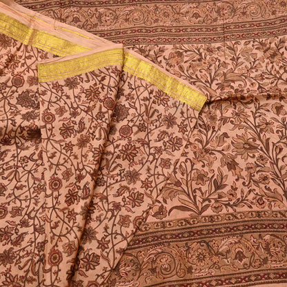 Indian Vintage Peach Saree 100% Pure Silk Printed Sari Craft Fabric Soft 6yd Sewing Dress Making  Soft Floral Crafting Quilting Upcycle Zari