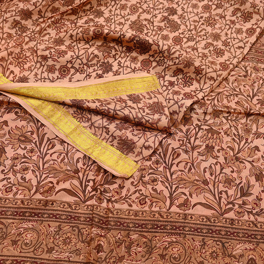 Indian Vintage Peach Saree 100% Pure Silk Printed Sari Craft Fabric Soft 6yd Sewing Dress Making  Soft Floral Crafting Quilting Upcycle Zari