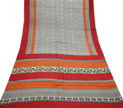 Indian Vintage Sari Ivory & Black Printed Pure Silk Sarees 5yd Sewing Craft Fabric DressMaking Soft Wrap Upcycle Quilting Crafting Used