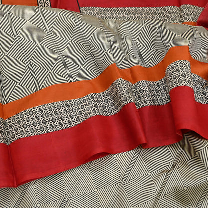 Indian Vintage Sari Ivory & Black Printed Pure Silk Sarees 5yd Sewing Craft Fabric DressMaking Soft Wrap Upcycle Quilting Crafting Used