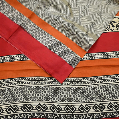 Indian Vintage Sari Ivory & Black Printed Pure Silk Sarees 5yd Sewing Craft Fabric DressMaking Soft Wrap Upcycle Quilting Crafting Used