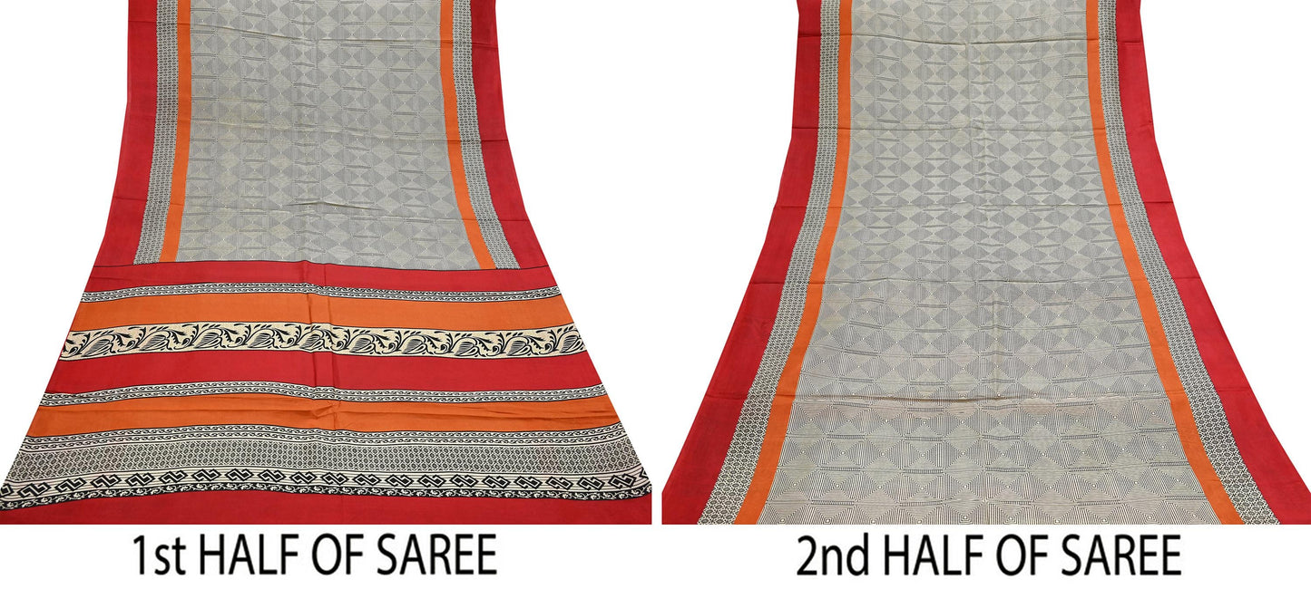 Indian Vintage Sari Ivory & Black Printed Pure Silk Sarees 5yd Sewing Craft Fabric DressMaking Soft Wrap Upcycle Quilting Crafting Used