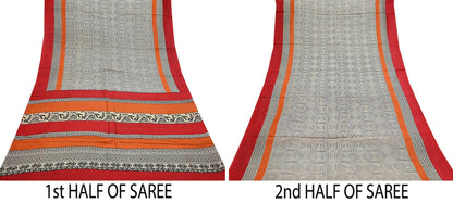 Indian Vintage Sari Ivory & Black Printed Pure Silk Sarees 5yd Sewing Craft Fabric DressMaking Soft Wrap Upcycle Quilting Crafting Used