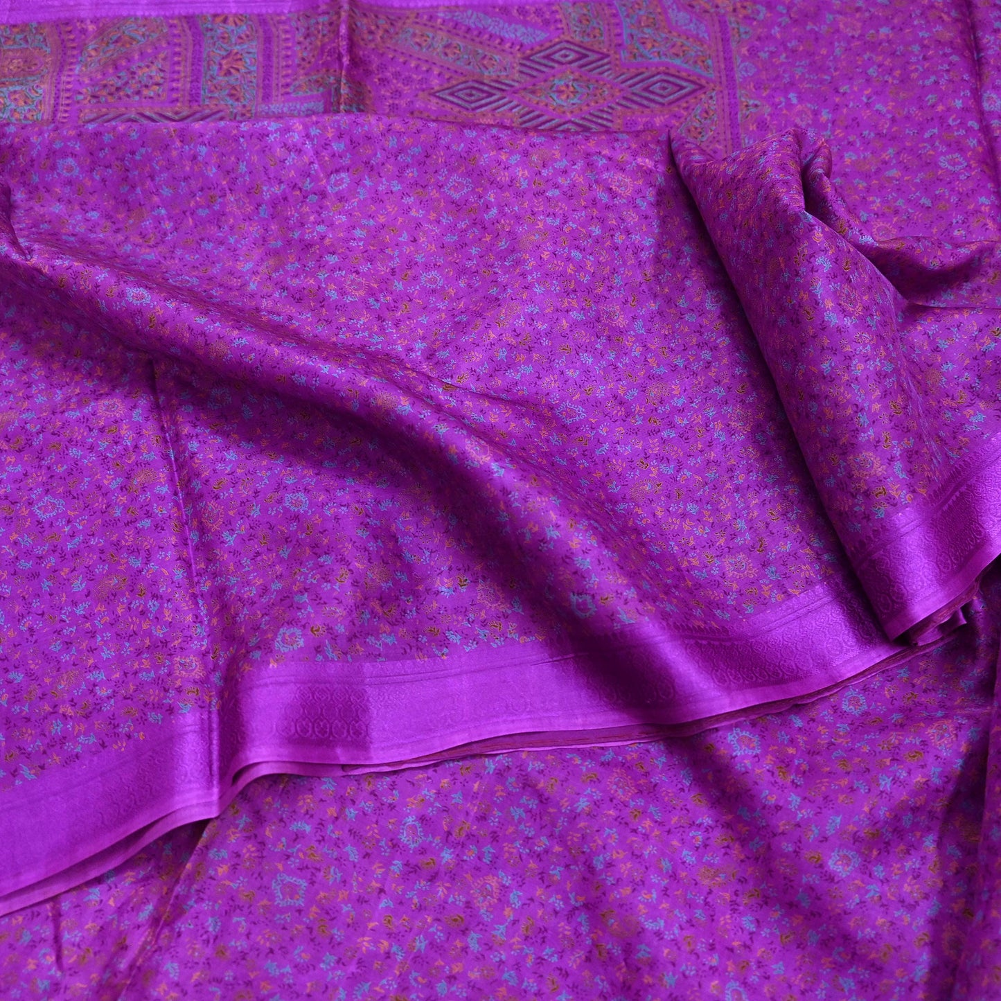 Indian Vintage Purple Pure Silk Printed Saree 6 Yards Soft Floral Fabric for Dressmaking, Quilting, Crafting, Sewing & Upcycling