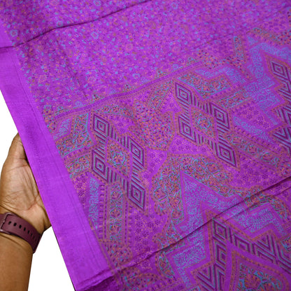 Indian Vintage Purple Pure Silk Printed Saree 6 Yards Soft Floral Fabric for Dressmaking, Quilting, Crafting, Sewing & Upcycling
