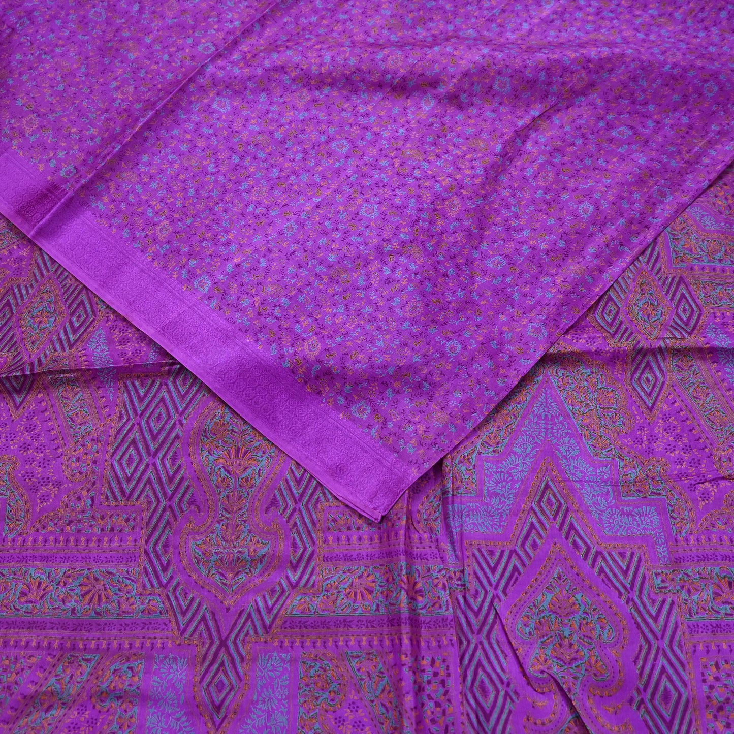 Indian Vintage Purple Pure Silk Printed Saree 6 Yards Soft Floral Fabric for Dressmaking, Quilting, Crafting, Sewing & Upcycling