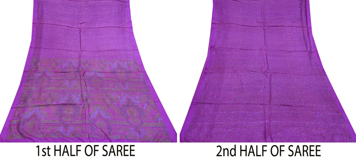 Indian Vintage Purple Pure Silk Printed Saree 6 Yards Soft Floral Fabric for Dressmaking, Quilting, Crafting, Sewing & Upcycling