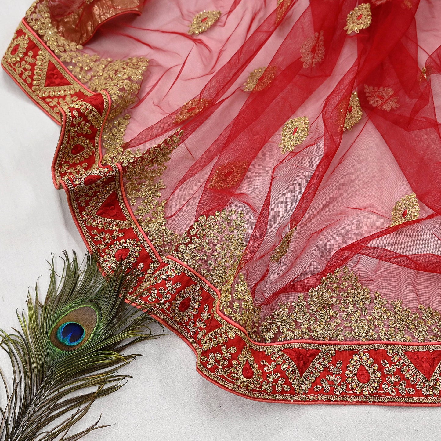 Indian Vintage Red & Peach Net/Mesh Silk Hand Embroidered Lehenga 3pcs Set Bridal Party Wear With Blouse/Dupatta Bollywood Lehenga Zardozi