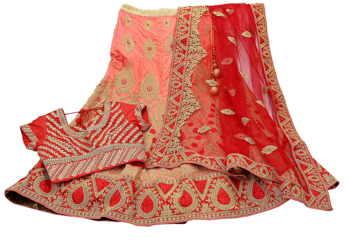Indian Vintage Red & Peach Net/Mesh Silk Hand Embroidered Lehenga 3pcs Set Bridal Party Wear With Blouse/Dupatta Bollywood Lehenga Zardozi