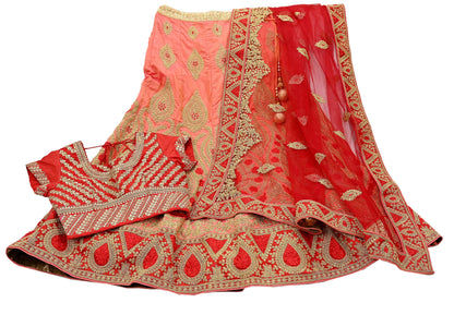 Indian Vintage Red & Peach Net/Mesh Silk Hand Embroidered Lehenga 3pcs Set Bridal Party Wear With Blouse/Dupatta Bollywood Lehenga Zardozi