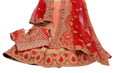 Indian Vintage Red & Peach Net/Mesh Silk Hand Embroidered Lehenga 3pcs Set Bridal Party Wear With Blouse/Dupatta Bollywood Lehenga Zardozi