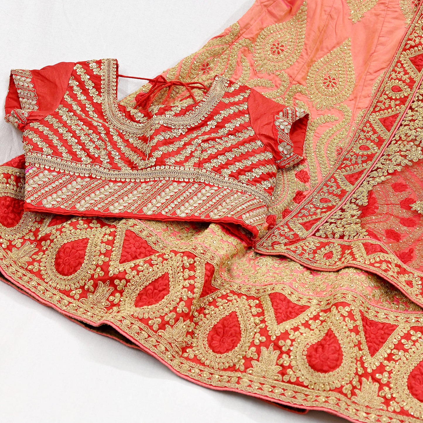 Indian Vintage Red & Peach Net/Mesh Silk Hand Embroidered Lehenga 3pcs Set Bridal Party Wear With Blouse/Dupatta Bollywood Lehenga Zardozi