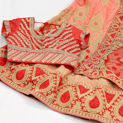 Indian Vintage Red & Peach Net/Mesh Silk Hand Embroidered Lehenga 3pcs Set Bridal Party Wear With Blouse/Dupatta Bollywood Lehenga Zardozi
