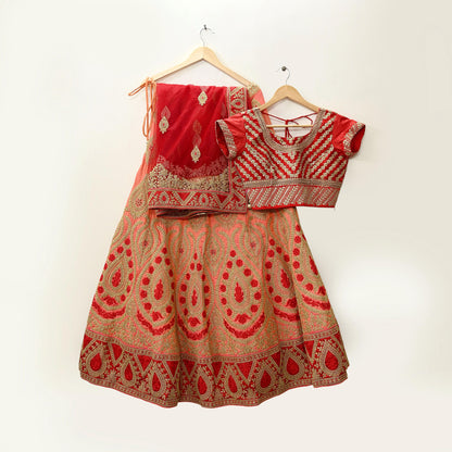 Indian Vintage Red & Peach Net/Mesh Silk Hand Embroidered Lehenga 3pcs Set Bridal Party Wear With Blouse/Dupatta Bollywood Lehenga Zardozi